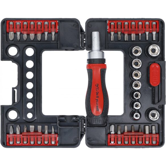 BGS Technic Behajtófej-/dugókulcskészlet racsnis-nyeles hajtószárral fejekhez, átkapcsolható 38 darabos (BGS-20138)