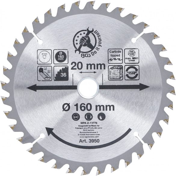 BGS Technic Keményfém körfűrészlap Ø 160 x 20 x 2,4 mm 36 fogú (BGS-3950)