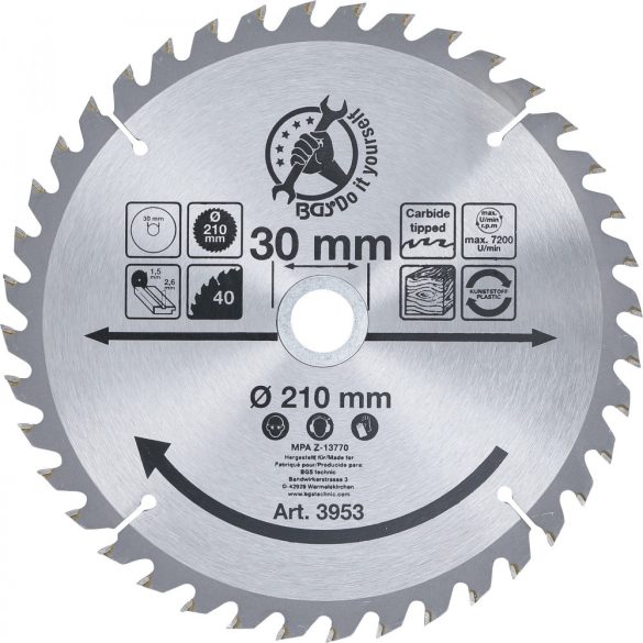 BGS Technic Keményfém körfűrészlap Ø 210 x 30 x 2,6 mm 40 fogú (BGS-3953)