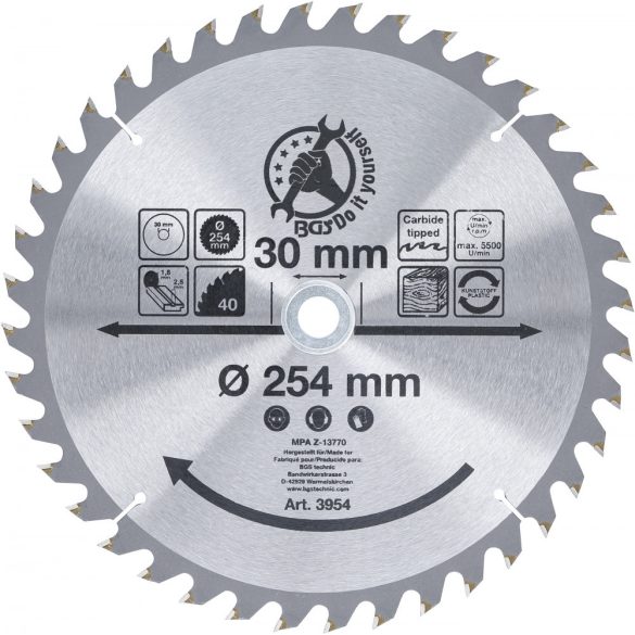 BGS Technic Keményfém körfűrészlap Ø 254 x 30 x 3,2 mm 40 fogú (BGS-3954)