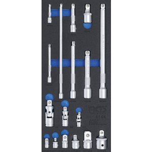BGS Technic Műhelykocsi-betét 1/3: Hosszabbító-, adapter- és csuklókészlet 17 darabos (BGS-4144)